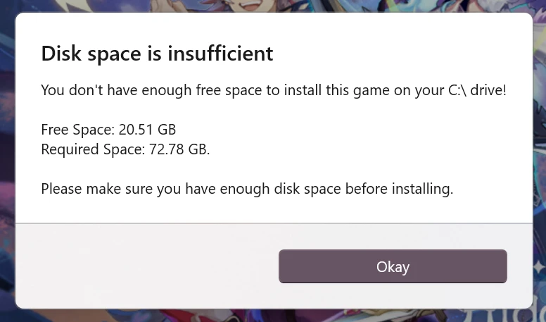 Insufficient disk space warning